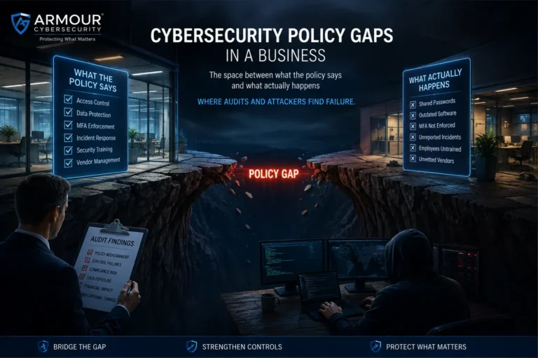 Cybersecurity policy gaps in a business: the space between what the policy says and what actually happens, where audits and attackers find failure