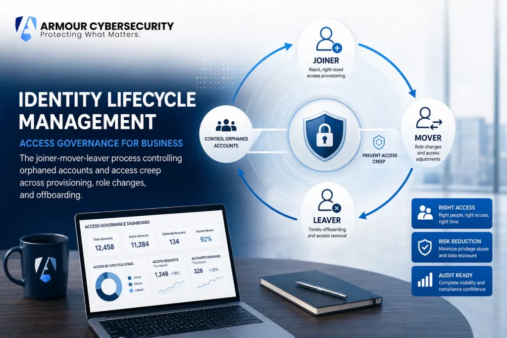 Identity lifecycle management access governance business: the joiner-mover-leaver process controlling orphaned accounts and access creep across provisioning, role changes, and offboarding