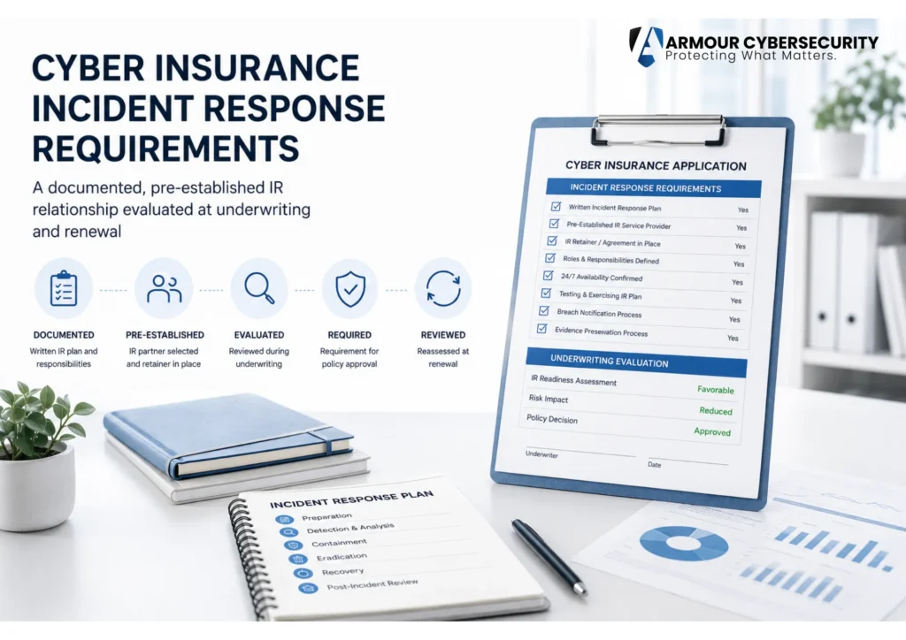 Cyber insurance incident response requirements: a documented, pre-established IR relationship evaluated at underwriting and renewal