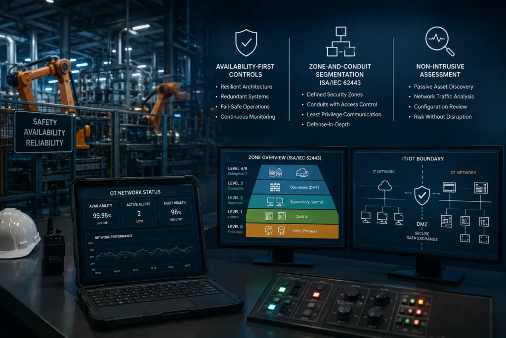OT and ICS network security for an industrial environment: availability-first controls, ISA/IEC 62443 zone-and-conduit segmentation, and non-intrusive assessment of the IT/OT boundary.