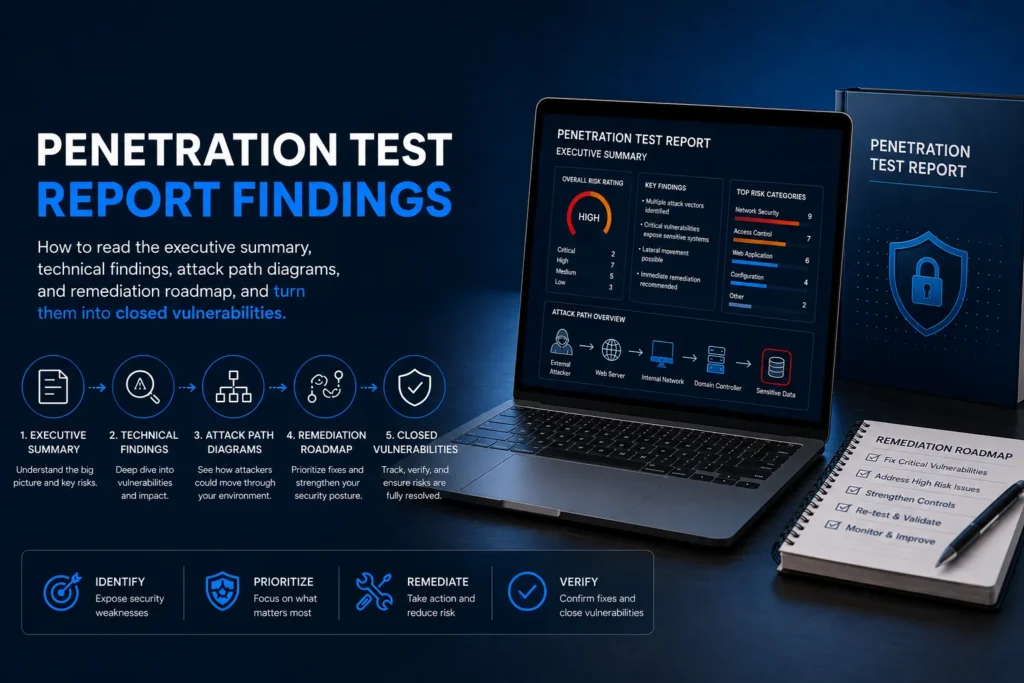 Penetration test report findings: how to read the executive summary, technical findings, attack path diagrams, and remediation roadmap, and turn them into closed vulnerabilities