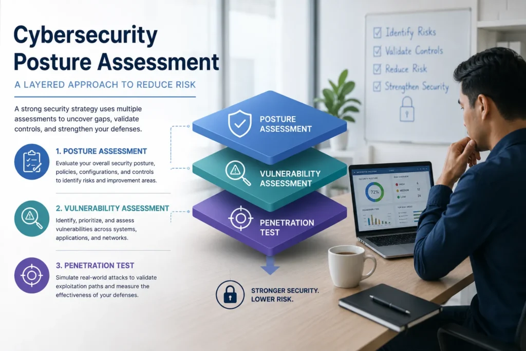 Cybersecurity posture assessment layers: posture assessment, vulnerability assessment, and penetration test.