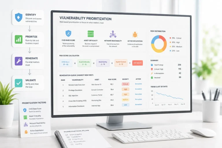 Risk-based vulnerability prioritization: ranking findings by CVSS base score, asset criticality, network reachability, and active exploitation context into a sequenced remediation queue