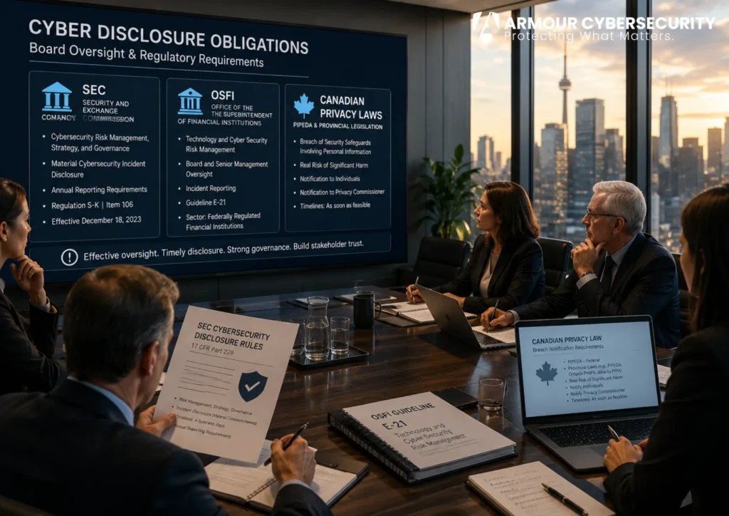 Board cyber disclosure obligations: directors reviewing SEC, OSFI, and Canadian privacy breach-notification requirements at the board table.