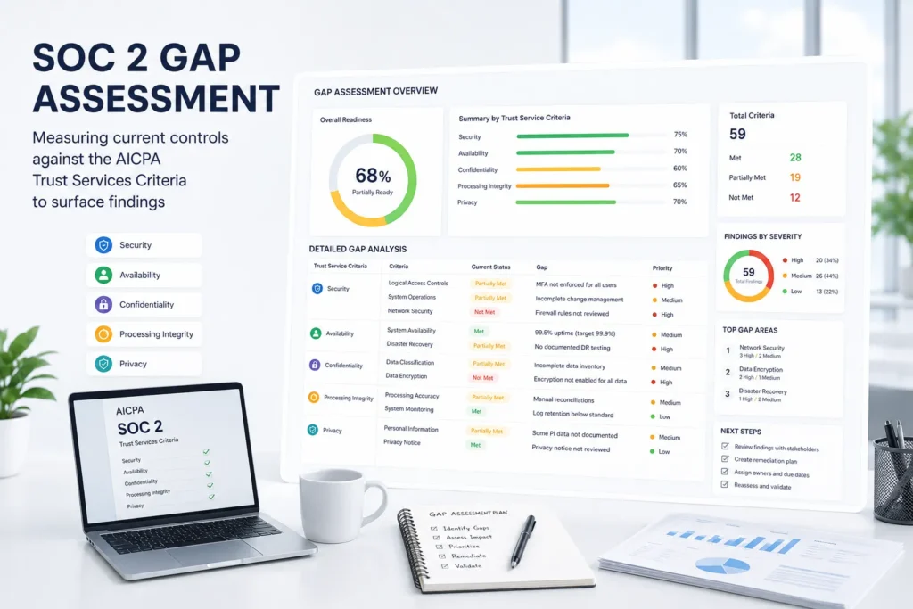 "A SOC 2 gap assessment measuring current controls against the AICPA Trust Services Criteria to surface findings"