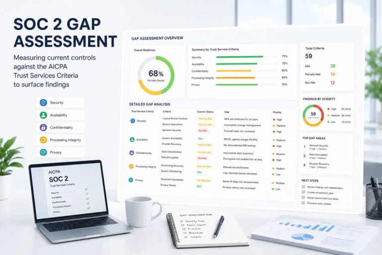 "A SOC 2 gap assessment measuring current controls against the AICPA Trust Services Criteria to surface findings"
