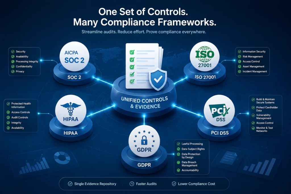 Multi-framework compliance mapping: a single set of controls and evidence satisfying SOC 2, ISO 27001, HIPAA, PCI DSS, and GDPR at once.