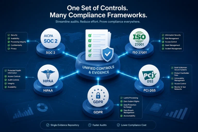 Multi-framework compliance mapping: a single set of controls and evidence satisfying SOC 2, ISO 27001, HIPAA, PCI DSS, and GDPR at once.