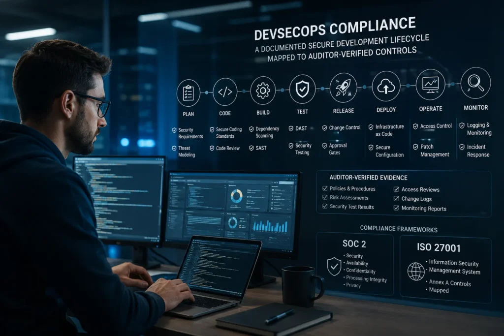 DevSecOps compliance for SOC 2 and ISO 27001: a documented secure development lifecycle mapped to the application-security controls auditors verify.