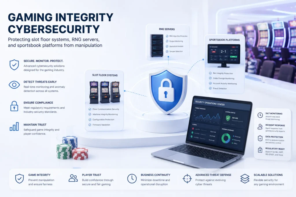 Gaming integrity cybersecurity protecting slot floor systems, RNG servers, and sportsbook platforms from manipulation