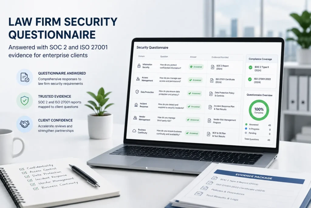 Law firm security questionnaire answered with SOC 2 and ISO 27001 evidence for enterprise clients