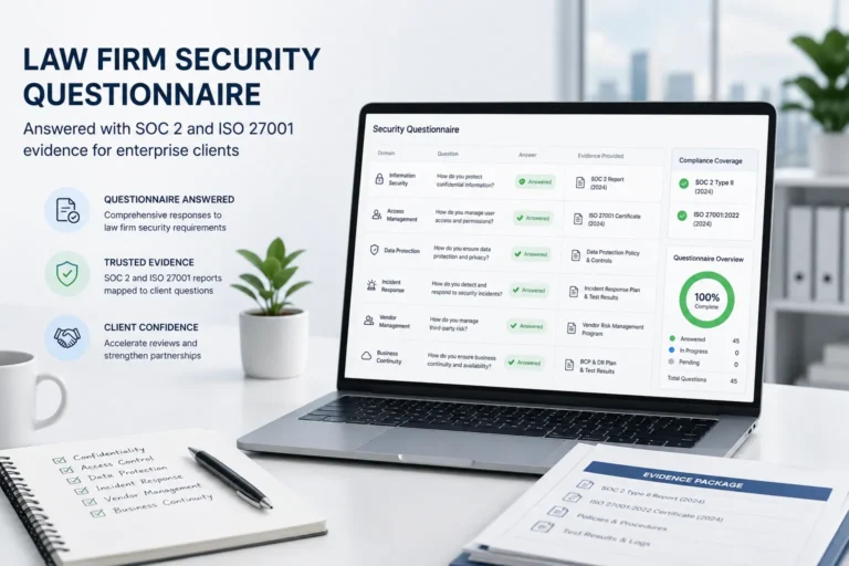 Law firm security questionnaire answered with SOC 2 and ISO 27001 evidence for enterprise clients