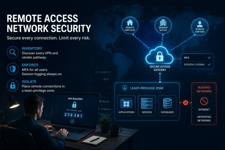 Remote access network security for a business: inventorying every VPN and vendor pathway, enforcing MFA and session logging, and placing remote connections in a least-privilege zone