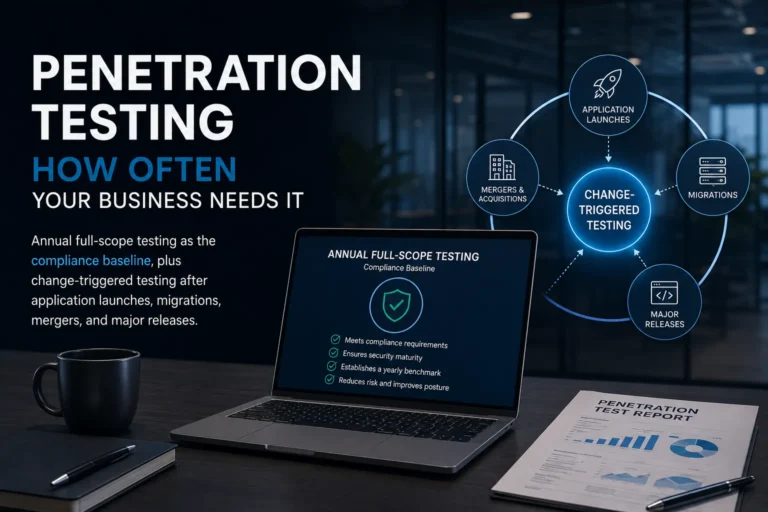 How often penetration testing a business needs: annual full-scope testing as the compliance baseline, plus change-triggered testing after application launches, migrations, mergers, and major releases