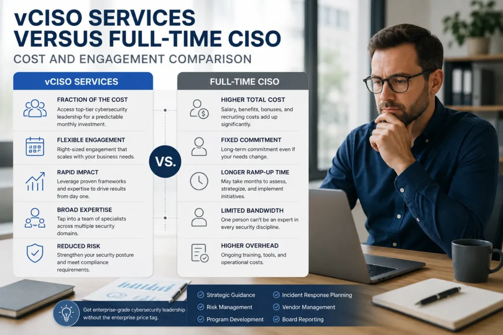 vCISO services versus full-time CISO cost and engagement comparison.