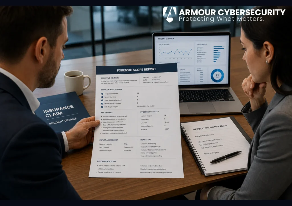 Digital forensics for a cyber insurance claim: a forensic scope report supporting the carrier assessment and the regulatory notification.