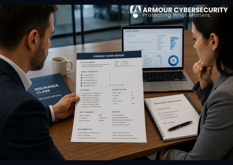 Digital forensics for a cyber insurance claim: a forensic scope report supporting the carrier assessment and the regulatory notification.