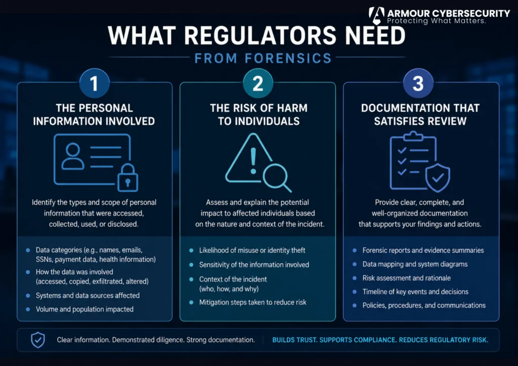 What regulators need from forensics: the personal information involved, the risk of harm, and documentation that satisfies review.