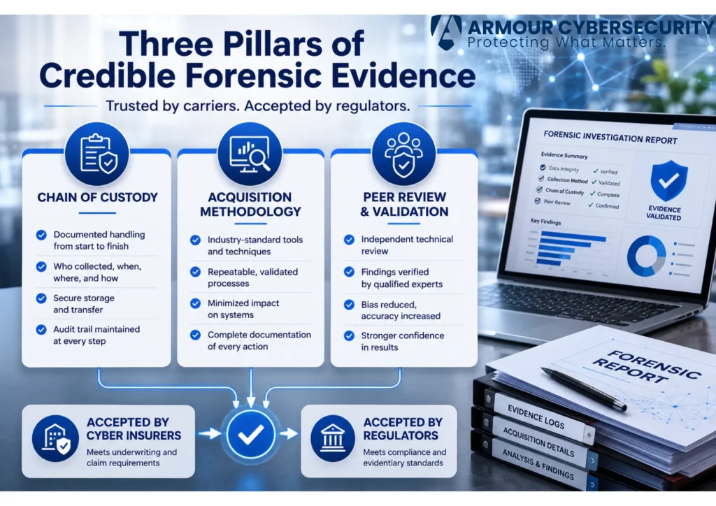What makes forensic evidence credible to carriers and regulators: chain of custody, acquisition methodology, and peer review.