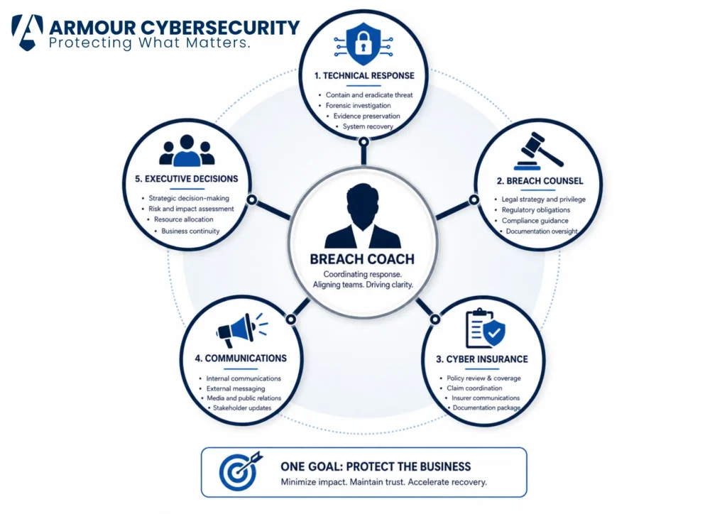 The five workstreams a breach coach coordinates: technical response, breach counsel, cyber insurance, communications, and executive decisions.