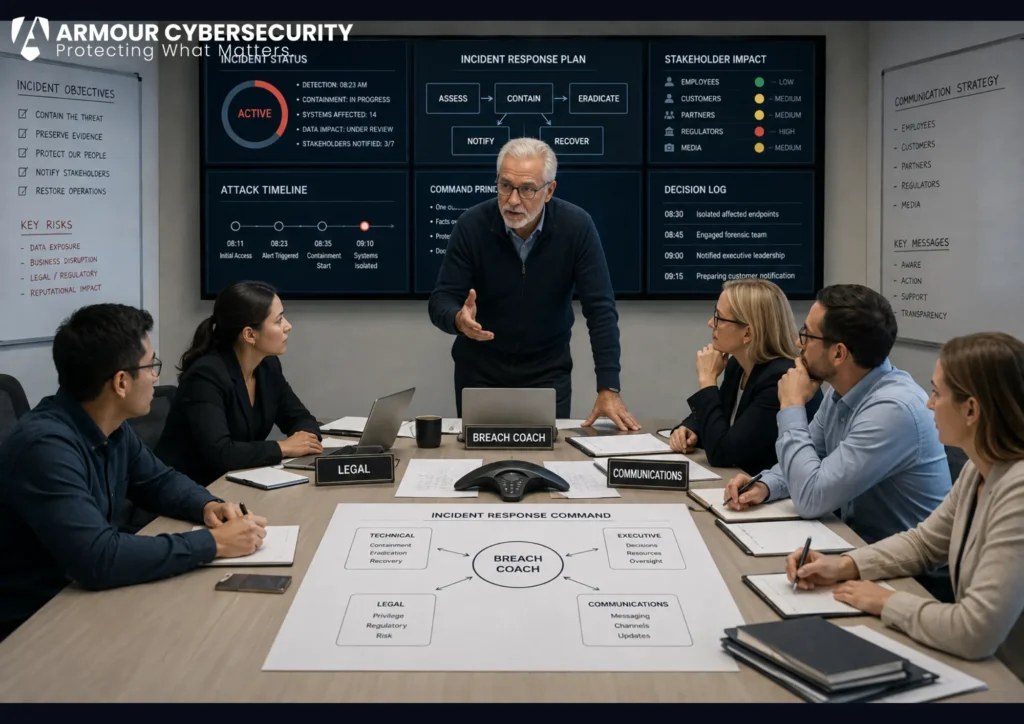 Breach coach services for business: a senior advisor coordinating the technical, legal, insurance, and executive response to a cyber incident.