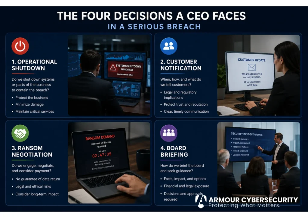 The four decisions a CEO faces in a serious breach: operational shutdown, customer notification, ransom negotiation, and the board briefing.
