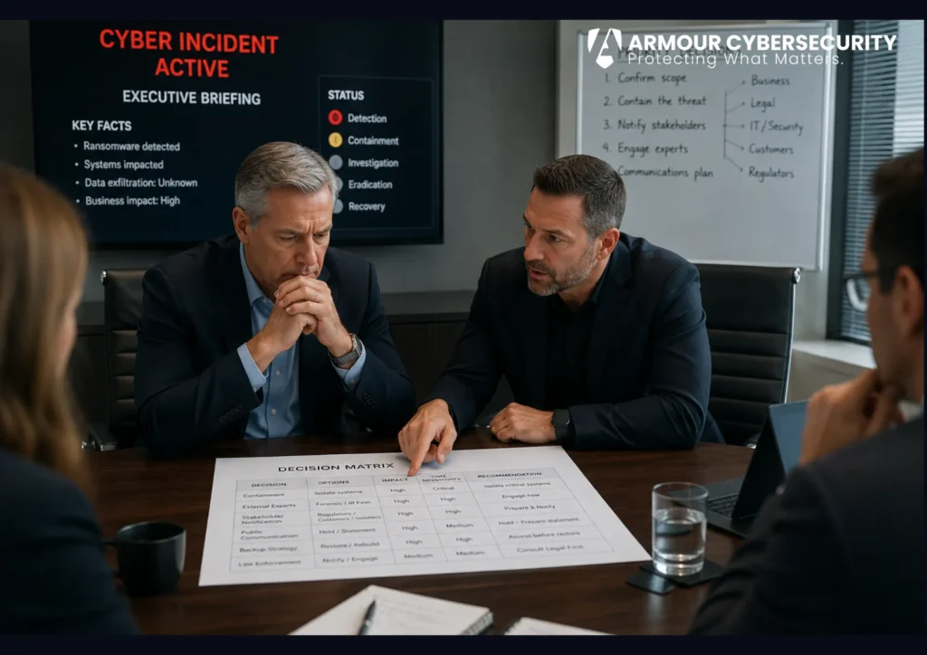 CEO cyber breach response advisory: an experienced breach coach guiding an executive through the first high-stakes decisions of a cyber incident.
