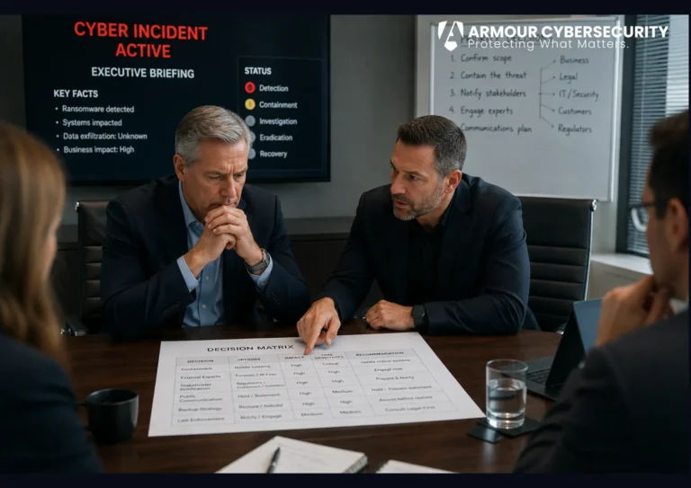 CEO cyber breach response advisory: an experienced breach coach guiding an executive through the first high-stakes decisions of a cyber incident.
