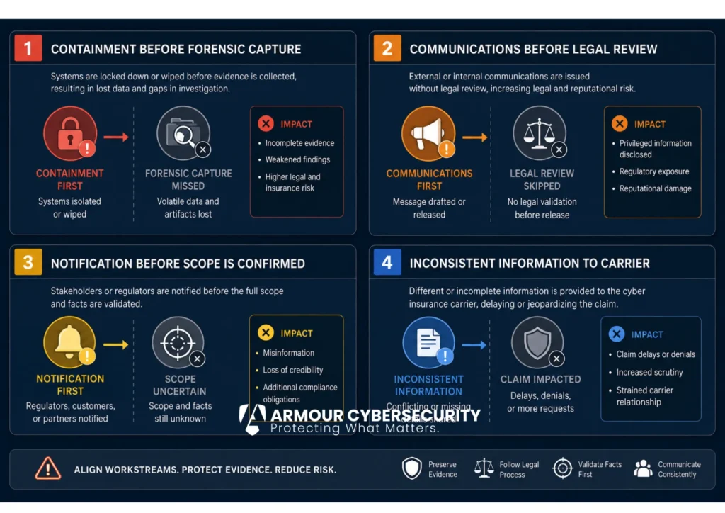 Four cyber breach workstream misalignment failures: containment before forensic capture, communications before legal review, notification before scope, and inconsistent carrier information.