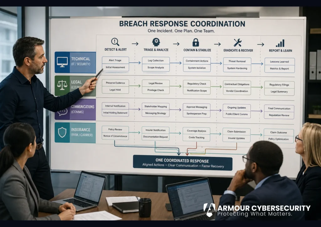 Cyber breach workstream coordination: a breach coach aligning the technical, legal, communications, and insurance teams into one response.