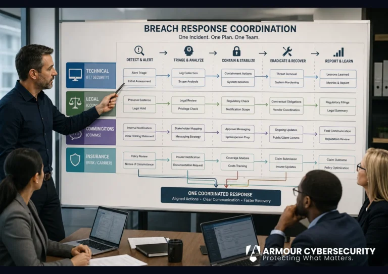 Cyber breach workstream coordination: a breach coach aligning the technical, legal, communications, and insurance teams into one response.