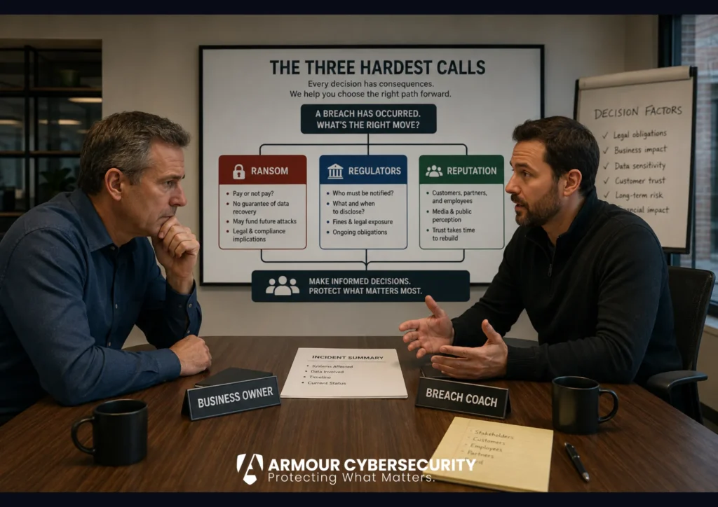 Cyber breach decision-making for business owners: the three hardest calls, ransom, regulatory notification, and reputation, guided by a breach coach.