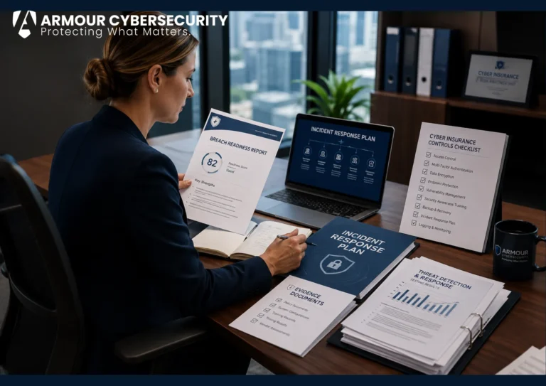 Cyber insurance incident response requirements: an underwriter reviewing a breach readiness report and IR plan evidence.