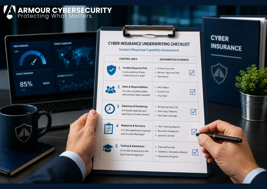 Cyber insurance underwriting checklist for incident response capability.
