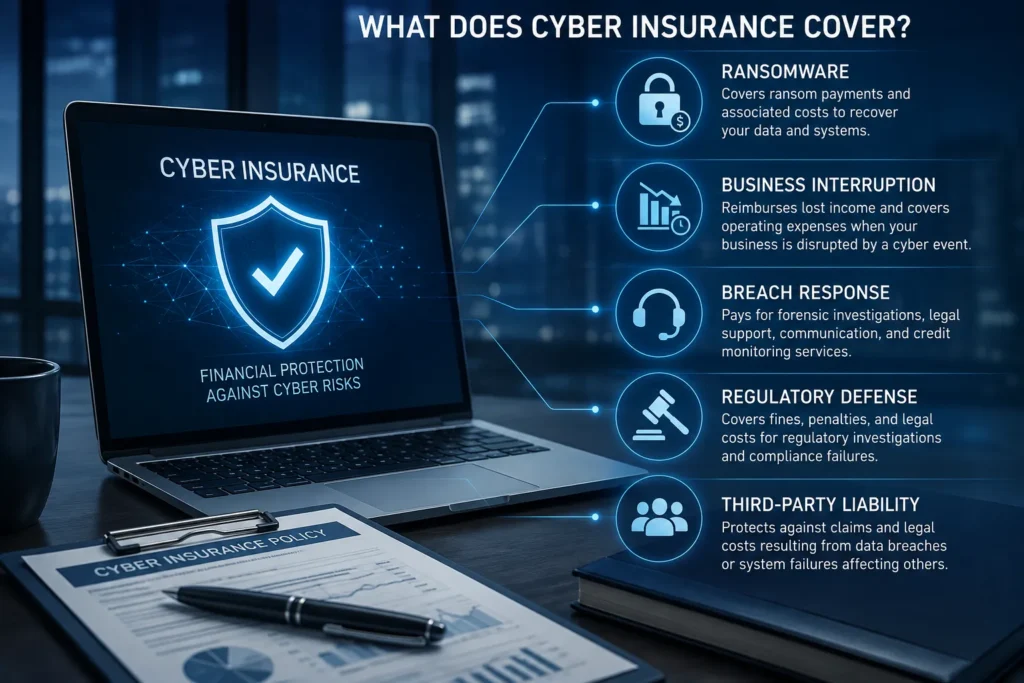 What does cyber insurance cover: ransomware, business interruption, breach response, regulatory defense, and third-party liability