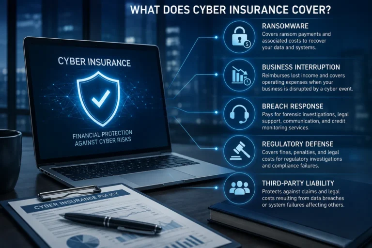 What does cyber insurance cover: ransomware, business interruption, breach response, regulatory defense, and third-party liability