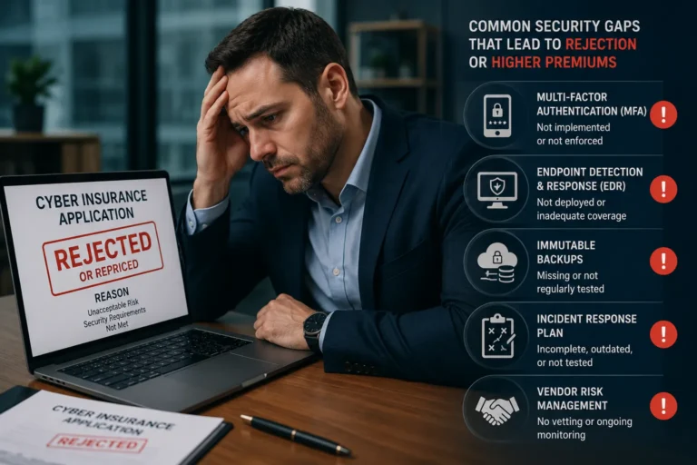 Why a cyber insurance application gets rejected or repriced: MFA, EDR, immutable backups, incident response, and vendor risk gaps