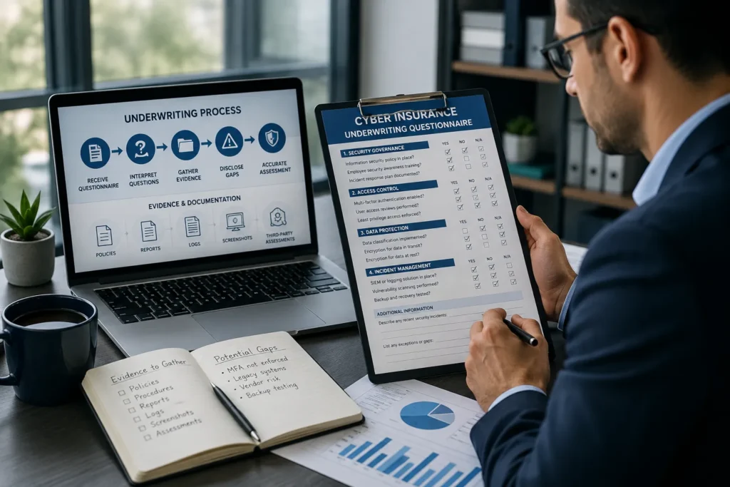 Completing a cyber insurance underwriting questionnaire: interpret each question, gather evidence, and disclose gaps accurately