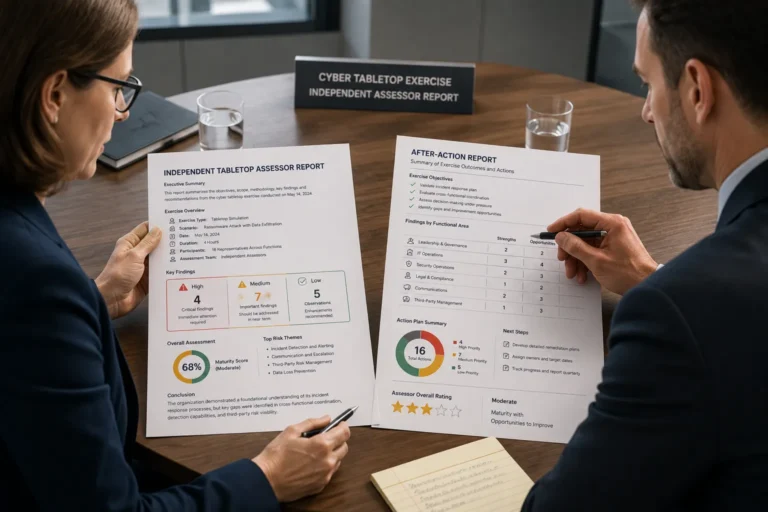 Cyber simulation exercise audit evidence: an auditor reviewing an independent tabletop assessor report and after-action report.