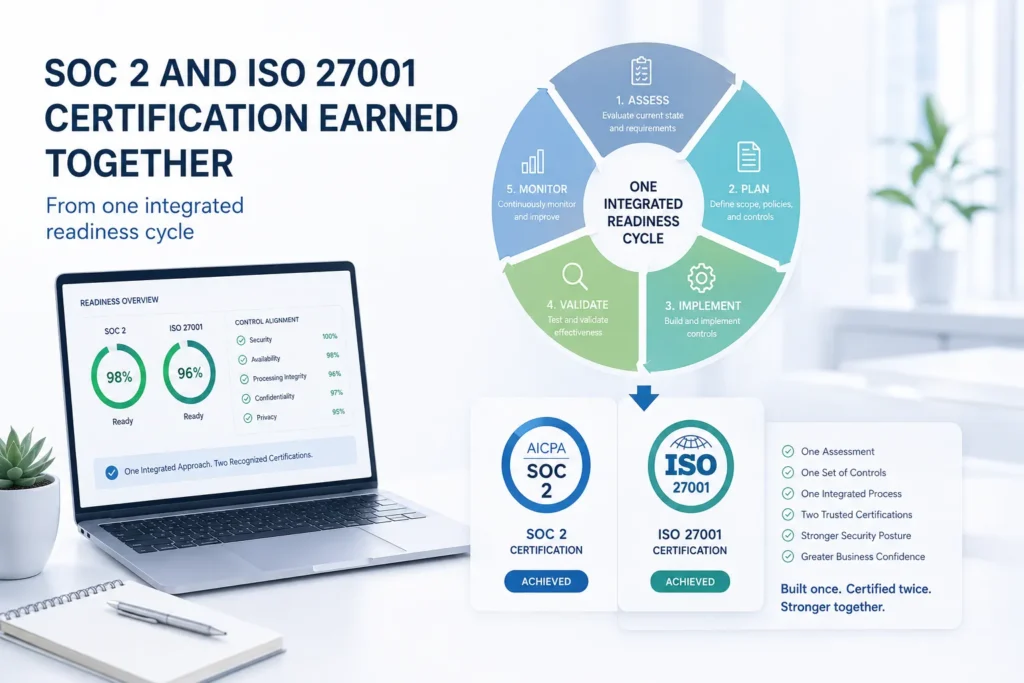"SOC 2 and ISO 27001 certification earned together from one integrated readiness cycle"