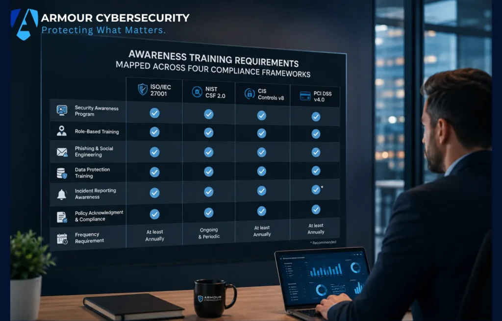 Awareness training requirements mapped across four compliance frameworks