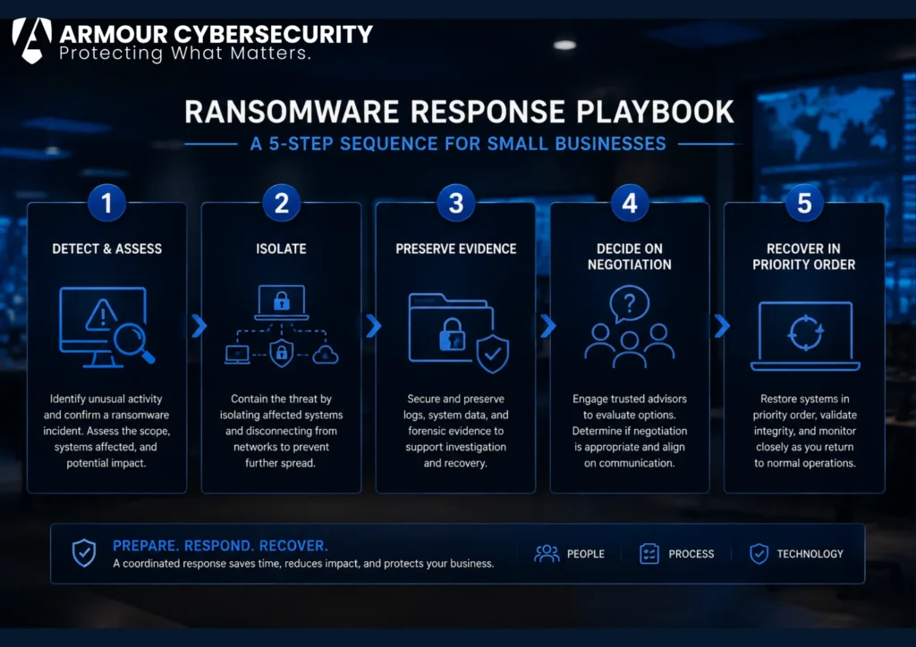 Ransomware playbook response sequence for a small business.