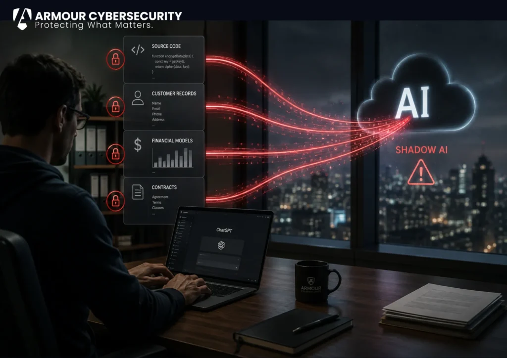 Sensitive data leaving an organization through shadow AI: source code, customer records, financial models, and contracts