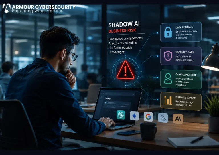 Shadow AI business risk: employees using personal AI accounts on public platforms outside IT oversight.