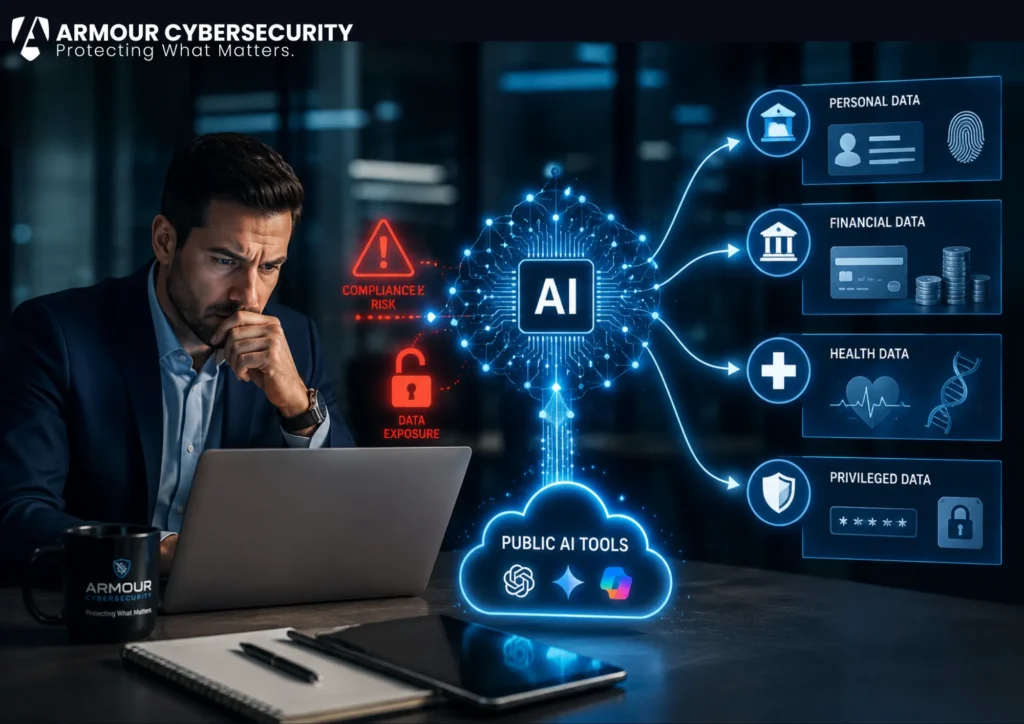 AI compliance risk in regulated industries: personal, financial, health, and privileged data reaching public AI tools.