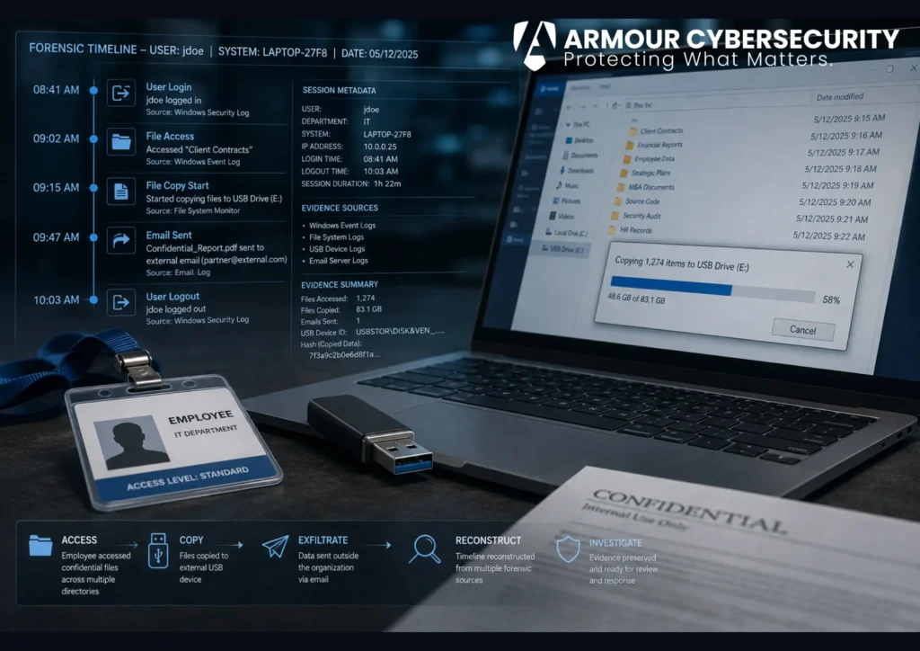 Insider threat digital forensics for business: reconstructing what a trusted employee accessed, copied, and sent outside the organization.