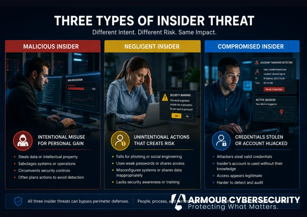 Three types of insider threat: malicious insiders, negligent insiders, and compromised insiders whose credentials were taken over.