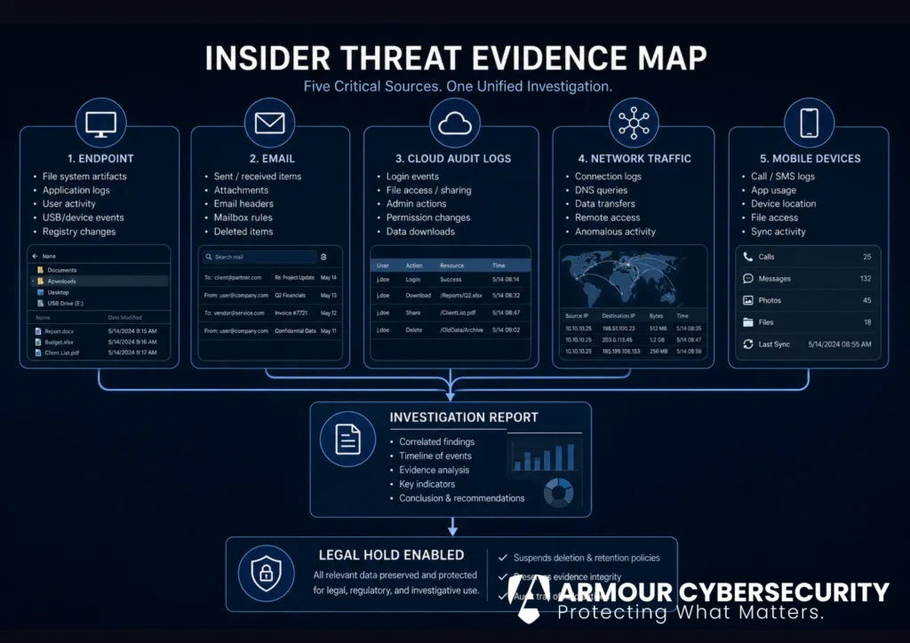 Insider threat forensic evidence across endpoints, email, cloud audit logs, network traffic, and mobile devices under legal hold.