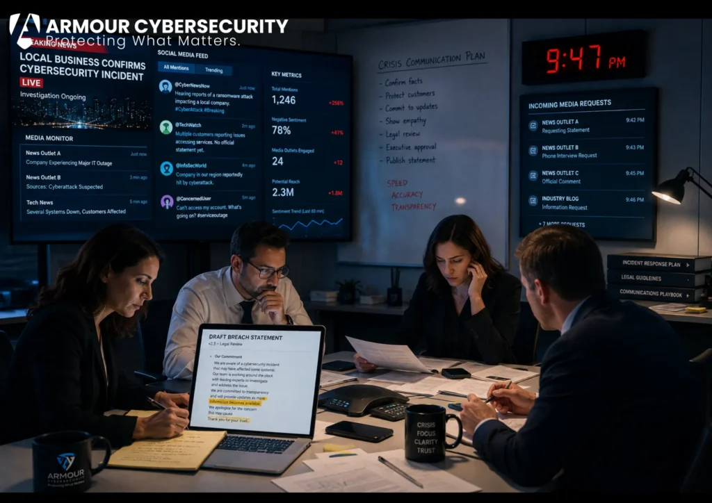 Cyber breach crisis communications planning: a communications and legal team drafting a breach statement under pressure.