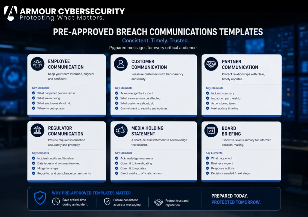 Pre-approved breach communications templates for employees, customers, partners, regulators, media, and board.